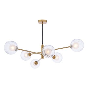 Brass chandelier with six clear glass globe bulbs on angled arms, hanging from a ceiling mount.