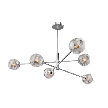 Modern ceiling chandelier with multiple chrome arms and glass bulbs in a starburst arrangement.