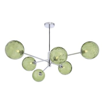Sputnik-style chandelier with several green glass globes and chrome arms hanging from a ceiling mount in a modern setting